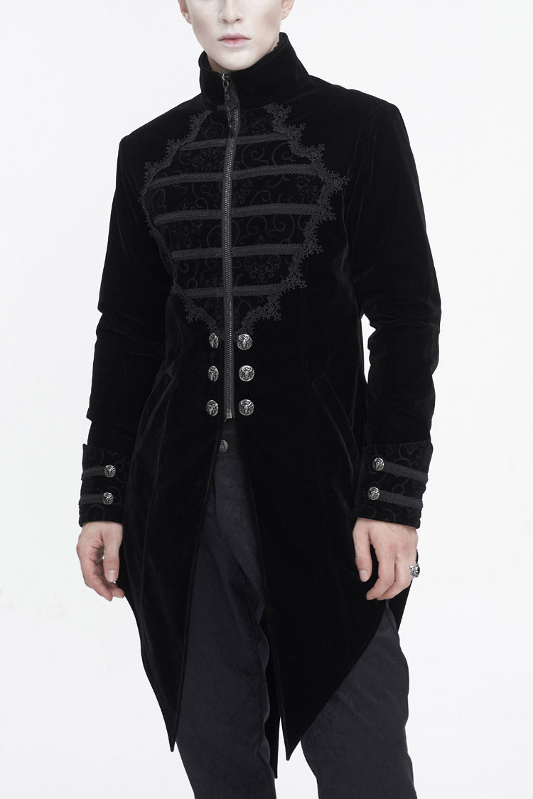 Black Stand Collar Lace Splice Swallow Tailed Men's Gothic Coat