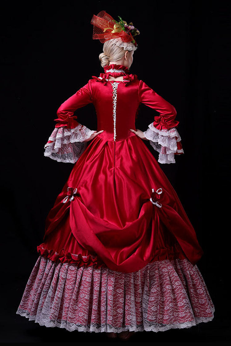 Red Multi-Layer Hime Sleeves High Waisted Hollow Embroidery Floral Print Victorian Lolita Prom Dress