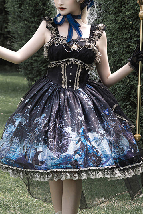 Black Ruffled Bow Star Moon Mermaid Print Gothic Lolita JSK Dress