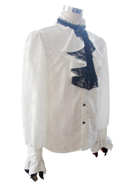 White Shining Rose Print Lace Cuff Mens Gothic Blouse