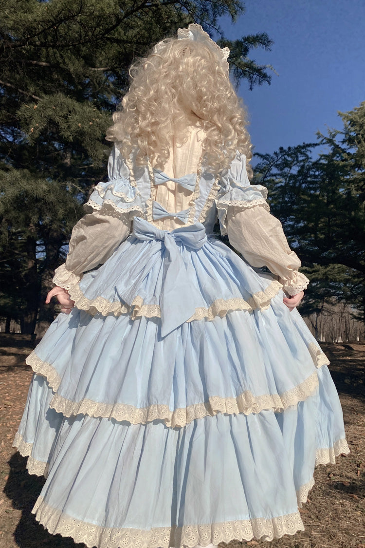 Blue Lapel Collar Long Sleeves High Waisted Multi-layer Bowknot Sweet Lolita Dress