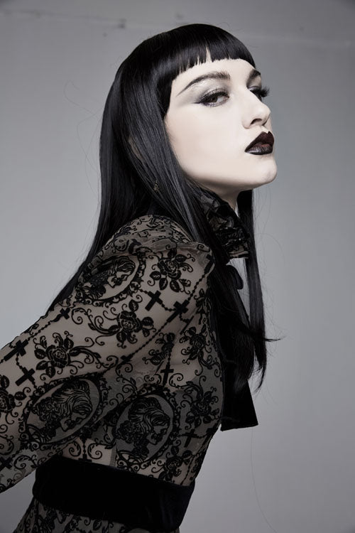 Schwarzes, mit Blumenmuster bedrucktes, langärmliges Samtkleid mit Krawatte für Damen im Gothic-Stil
