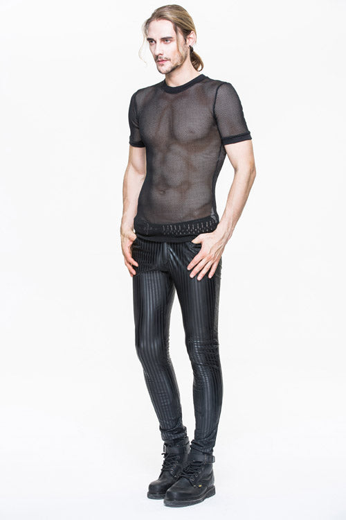 Black Autumn And Winter Vertical Stripes Elastic Punk Leather Mens Pants