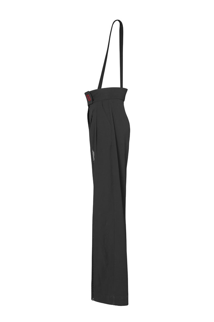 Schwarze Steampunk-Trägerhose für Damen mit hoher Taille und weitem Bein