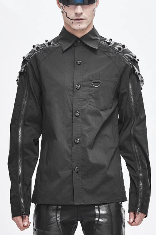 Black Long Sleeve Shoulder Zipper Mens Punk Blouse