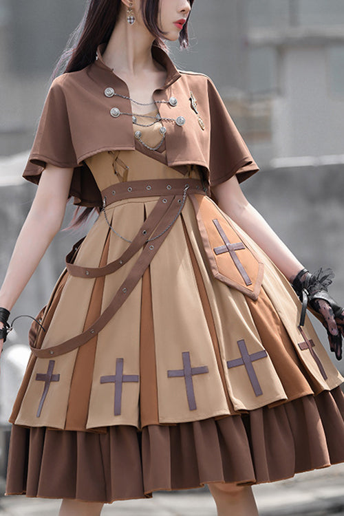 Brown Retro Military Style Dawn Classic Lolita JSK Dress Full Set