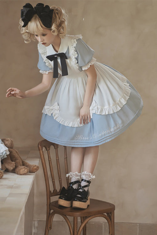 Round Collar Lace Puff Short Sleeves With Apron Sweet Lolita Dress