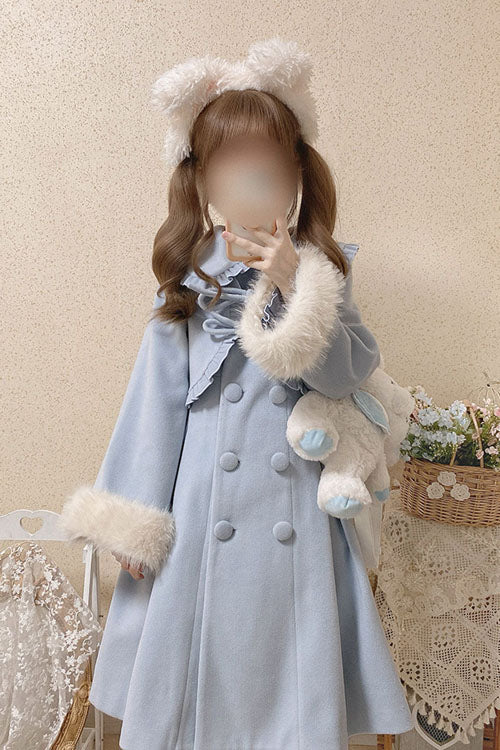 Blue Double Breasted Bowknot Plush Long Sleeves Fake Two-Piece Woolen Lolita Coat