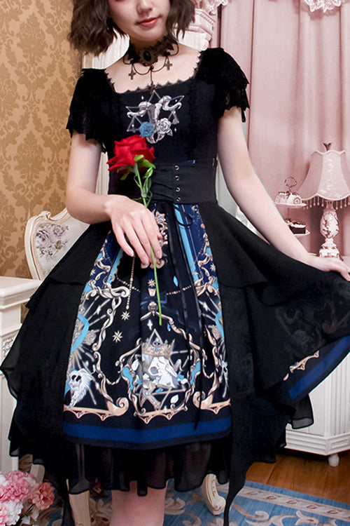 Black Lace Short Sleeve God Redemption Print Gothic Lolita Dress