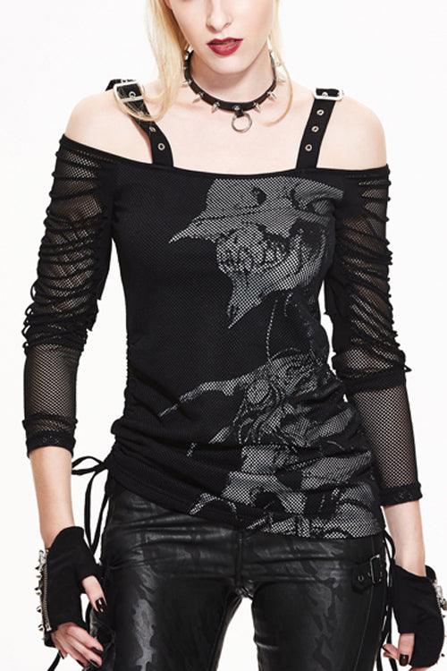 Black Skull Print Long Sleeves Drawstring Halter Cotton Women Punk T-Shirt