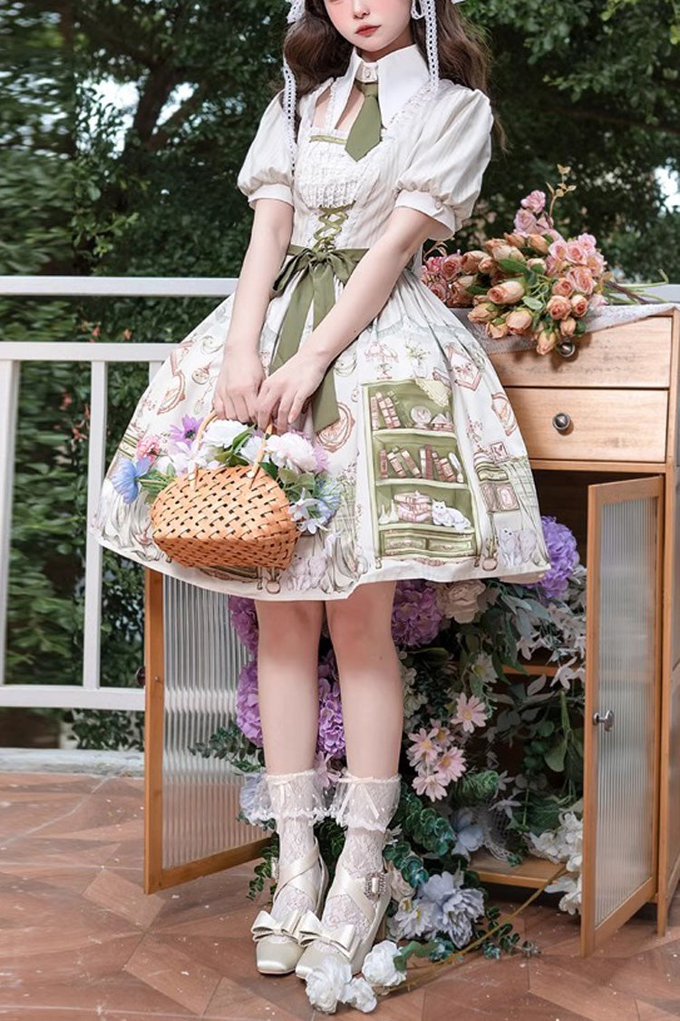 Multi-Color Short Sleeves Arlo's Book House Print Bowknot Sweet Princess Lolita Dress