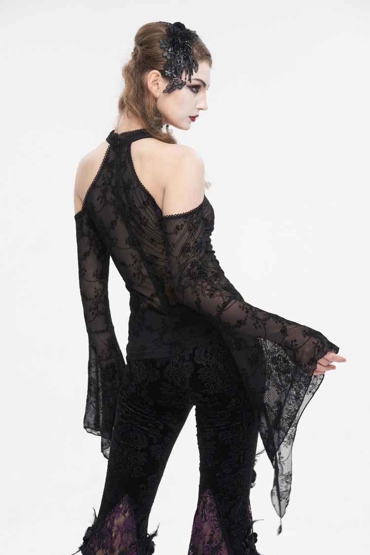 Black Off Shoulder Flared Sleeved Lace Mesh Women's Gothic Shirt