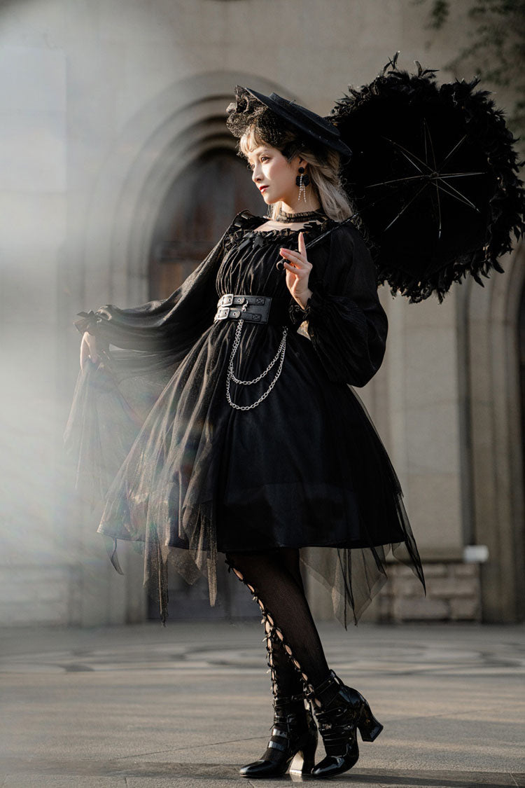 Black Square Collar Metal Chain Organza Stitching Gothic Lolita OP Dress (Short Version)