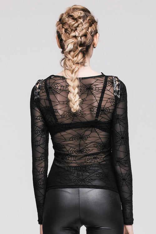 Black Sexy Transparent Spiderweb Back Mesh Long Sleeves Punk Women T-Shirt