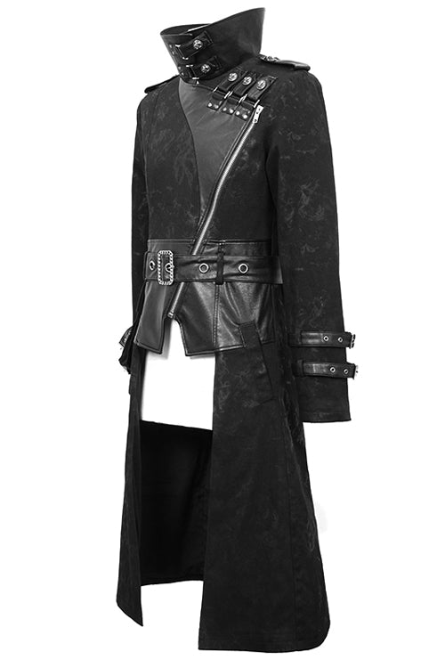 Black Open Collar Printed Belted Long Mens Punk Coat