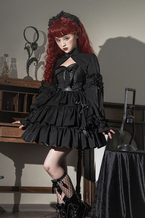 Dawn and Dusk Black Bowknot Ruffled Gothic Lolita JSK Tiered Dress