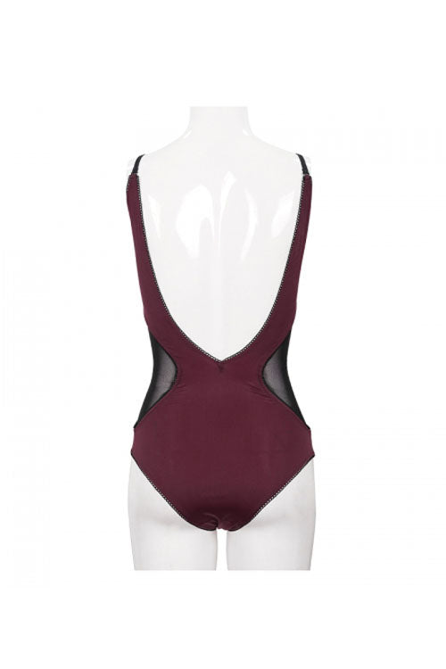 Wine Red Waist Splice Mesh Lace Up Gothic One Piece Swimsuit