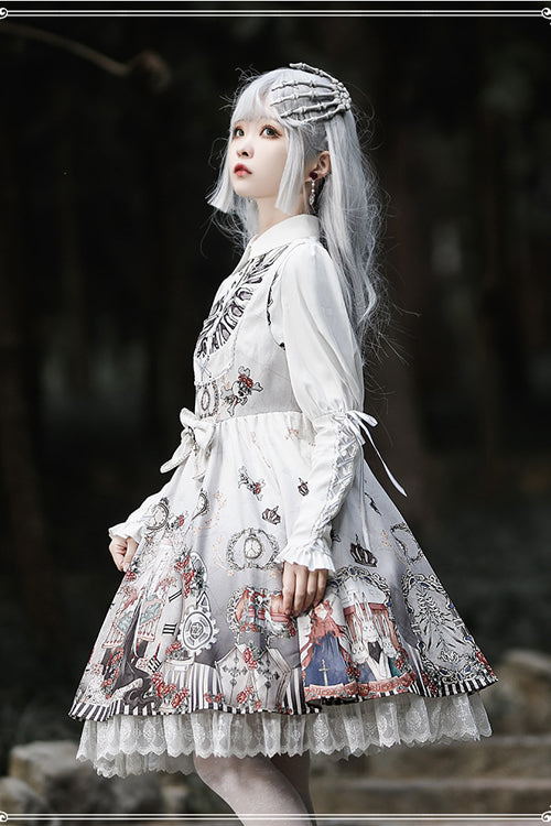 Lapel Collar Long Sleeve Black Fairy Tale Print Gothic Lolita JSK Dress