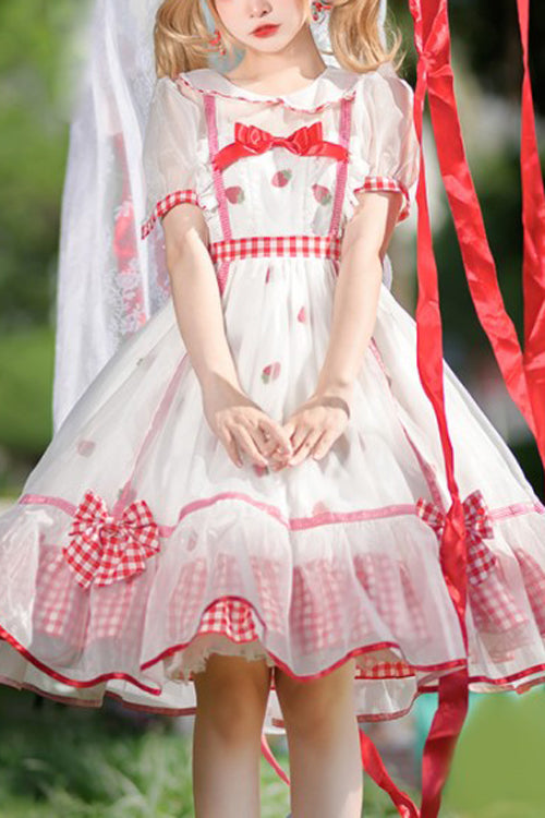 White/Red Round Collar Short Sleeves High Waist Strawberry Print Sweet Lolita Dress