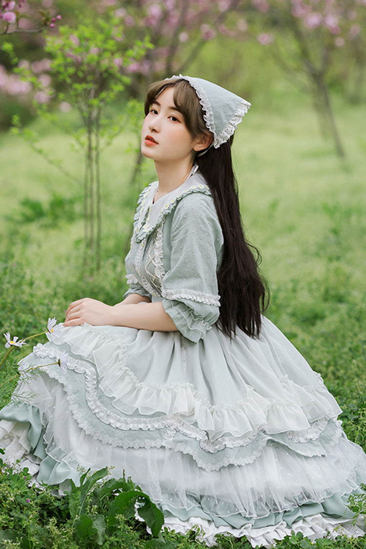 Green Doll Collar Lantern Half Sleeves Lace Ruffled Sweet Lolita