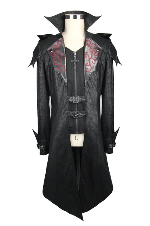 False Two Pieces Black Hooded Leather Long Mens Gothic Coats