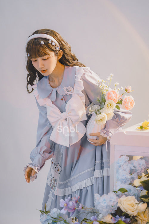Blue Doll Collar Single Breasted Princess Sleeves High Waist Magic Playing Cards Sweet Lolita OP Dress