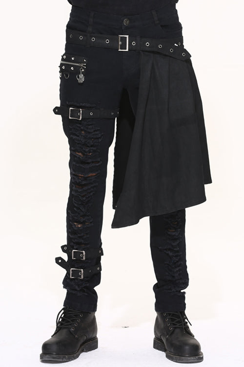 Black Adjusted Loops Punk Rock Holes Ripped Mens Pants Collocation Skirt