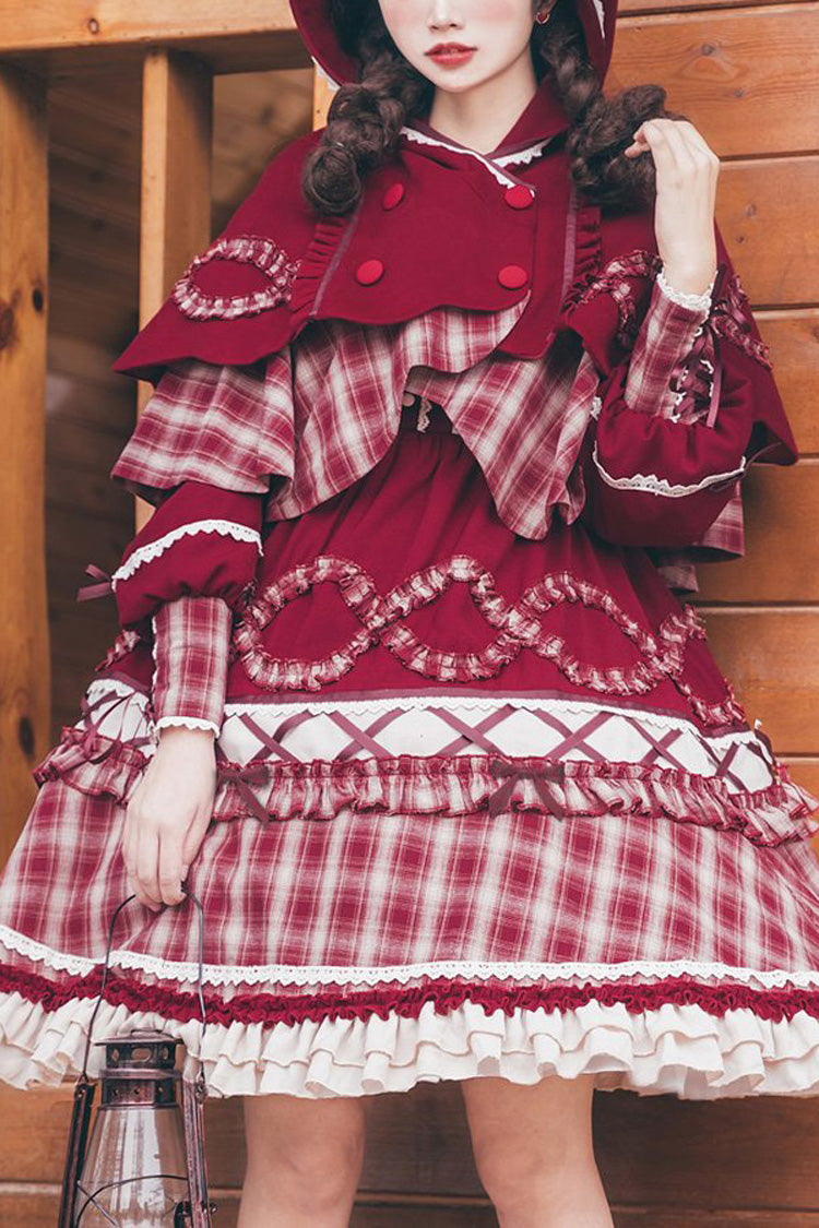 Red Retro Lantern Long Sleeves Plaid Stitching Bowknot Ruffled Tiered Sweet Lolita OP Dress