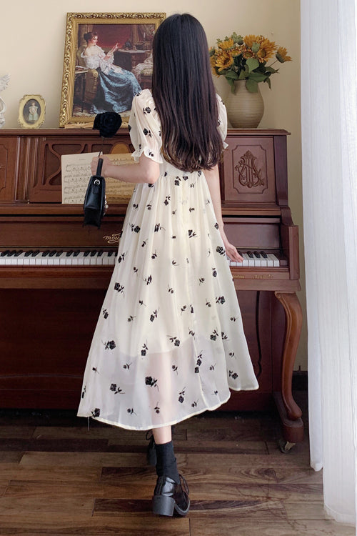 Beige French Square Collar Short Sleeves Rose Print Long Plus Size Sweet Lolita Dress