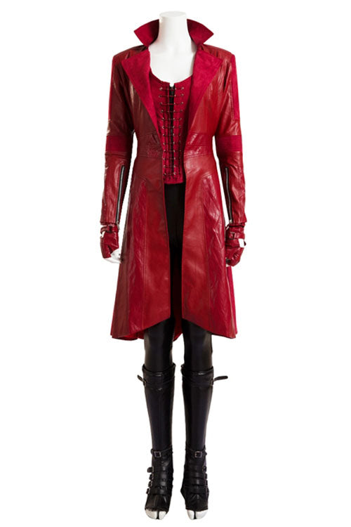 Marvel America Captain 3 Scarlet Witch Red Long Leather Jacket Halloween Cosplay Costume Full Set