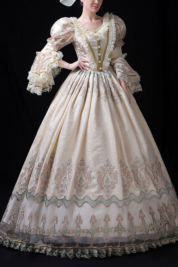 Champagne Trumpet Sleeves Lace Stitching High Waisted Hollow Embroidery Print Victorian Lolita Prom Dress