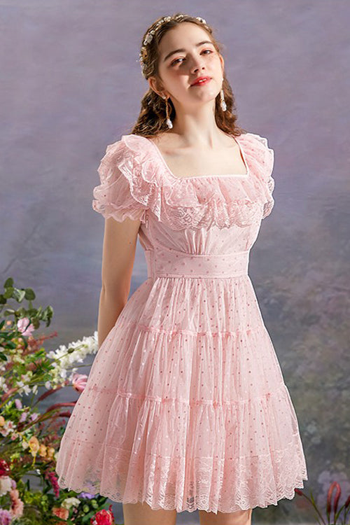 Pink Vintage Square Collar Ruffled Princess Short Sleeve Dot Print High Waisted Mesh Sweet Lolita Dress