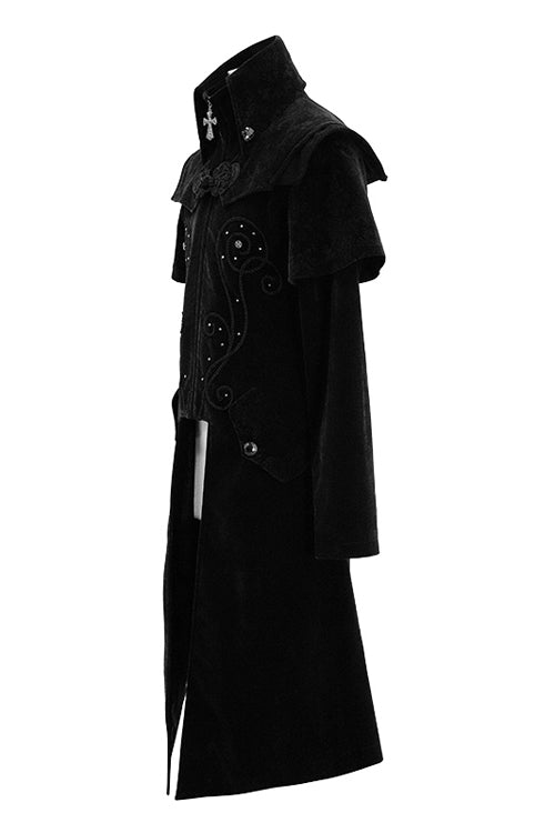 Black Hand Embroidered Cape Collar Velveteen Gothic Mens Coat