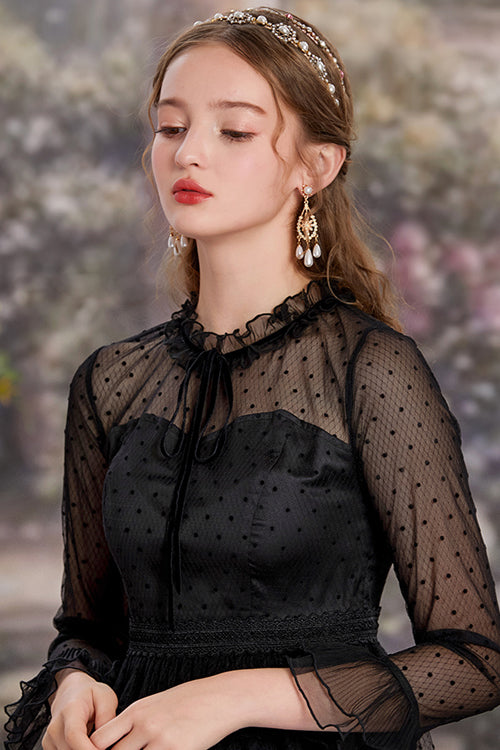 Black Lace Round Collar Polka Dot Mesh Trumpet Sleeves Layered Ruffled Sweet Lolita OP Dress