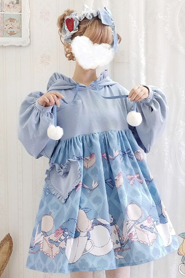 Blue Lantern Long Sleeves Alice Rabbit Print Hooded Cute Sweet Lolita OP Dress