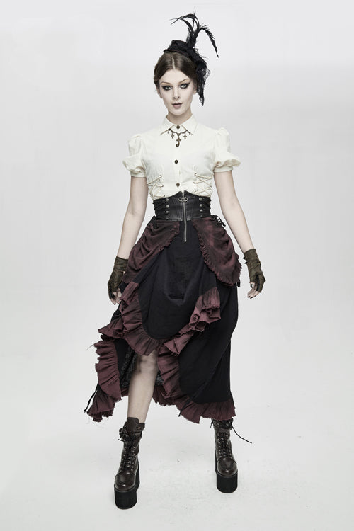 Burgundy Printed Drawstring Steampunk Womens Half Skirt