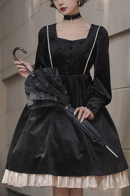 Black Velvet Fake Collar High Waist Classic Lolita OP Dress