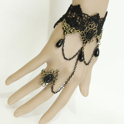Black Retro Christmas Festive Lace Edge Pearl Wishing Female Gothic Lolita Ring Bracelet