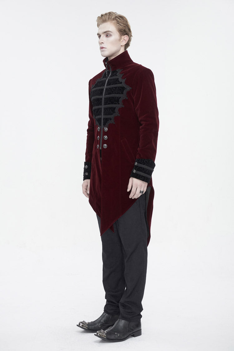 Red Stand Collar Lace Splice Swallow Tailed Men's Gothic Coat