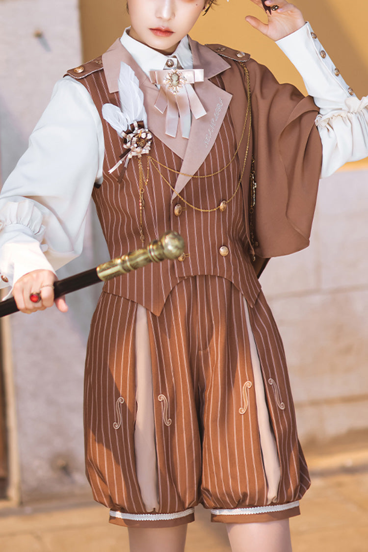 Brown Stripe Violin Print Ouji Lolita Set