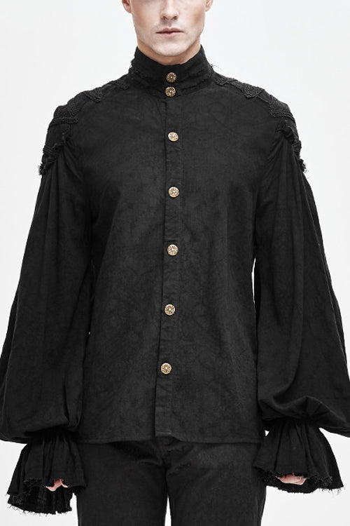 Black Straight Collar Puff Sleeve  Jacquard Mens Punk Blouse