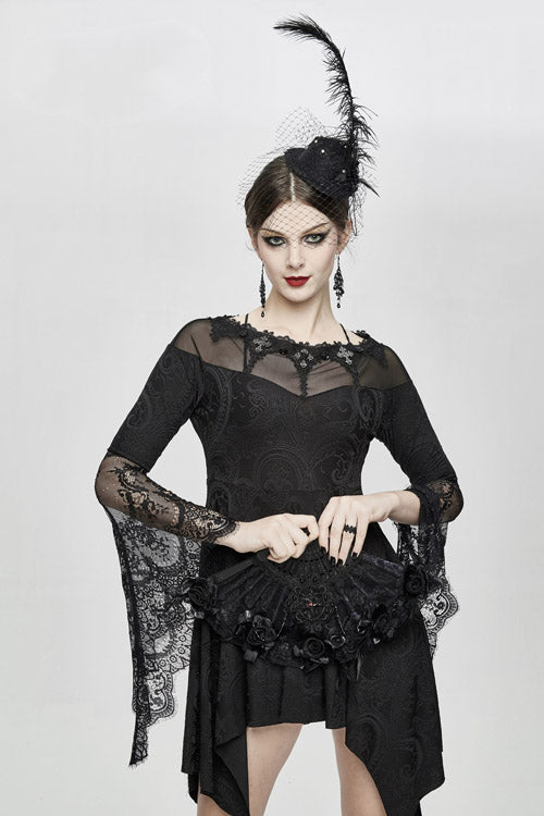 Black Horn Sleeves Off Shoulder Stretchy Knitted Sexy Lace Gothic Womens Dress