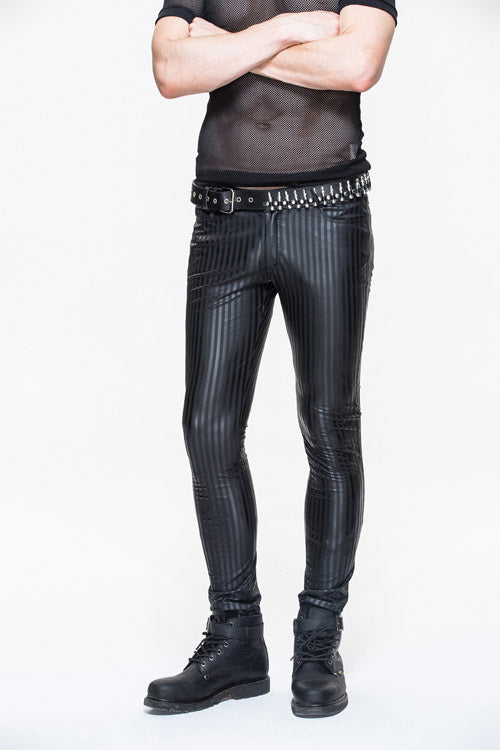 Black Autumn And Winter Vertical Stripes Elastic Punk Leather Mens Pants