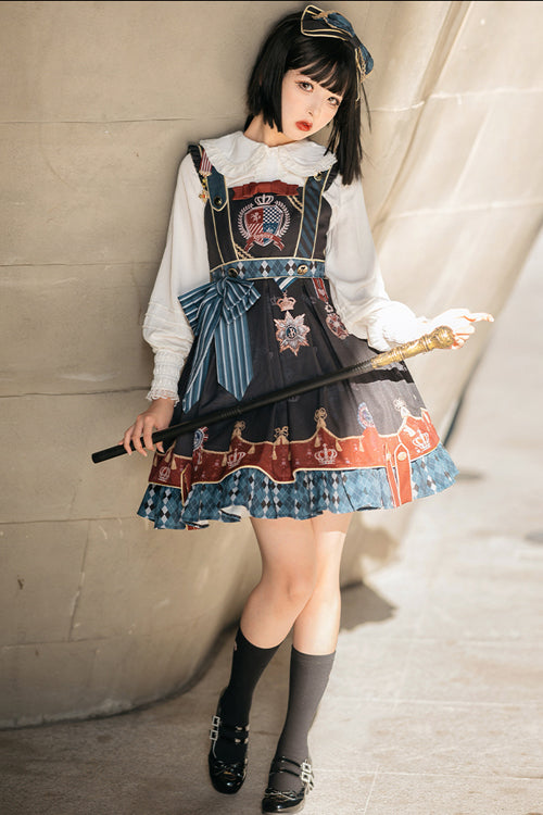 Black Vintage College Badge Print Sweet Lolita JSK Dress