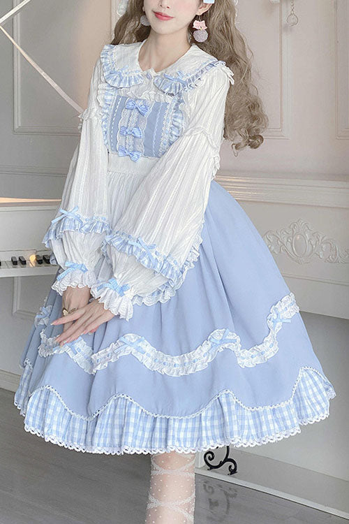 Blue Lapel Collar Bowknot Multi-Layer Ruffled Sweet Lolita JSK Dress