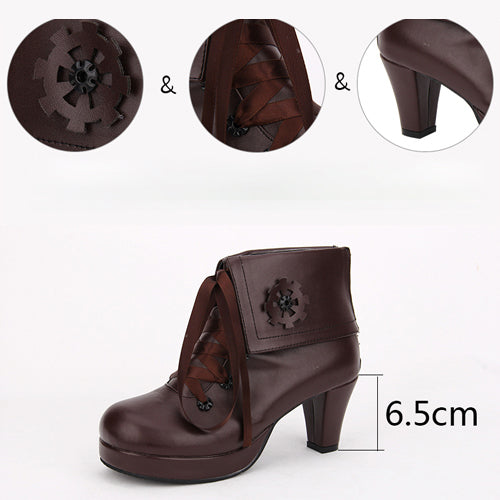 Brown Lace Up High Heel Classic Lolita Short Boots