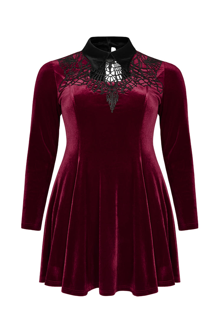 Red Velvet Front Chest Hollow-Out Decals Back Lace-Up Long Sleeve Plus Size Women's Gothic Dress