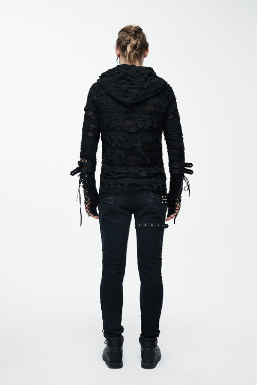 Black Ripped Finger Covered Autumn Hooded Mens Punk T-Shirt