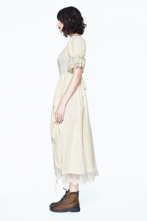 Creamy White Punk Victoria Vintage Drawstring Embroidered Lace Womens Dress