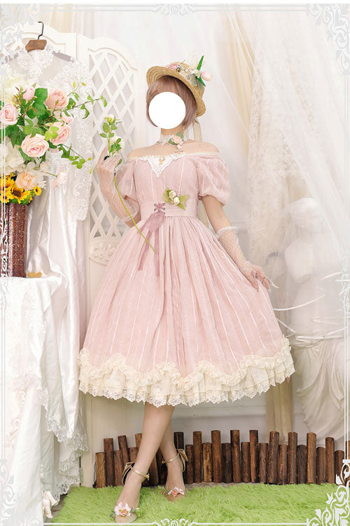 Pink Elegant Vintage Square Collar Short Sleeves Multi-Layer Ruffled Classic Lolita OP Dress